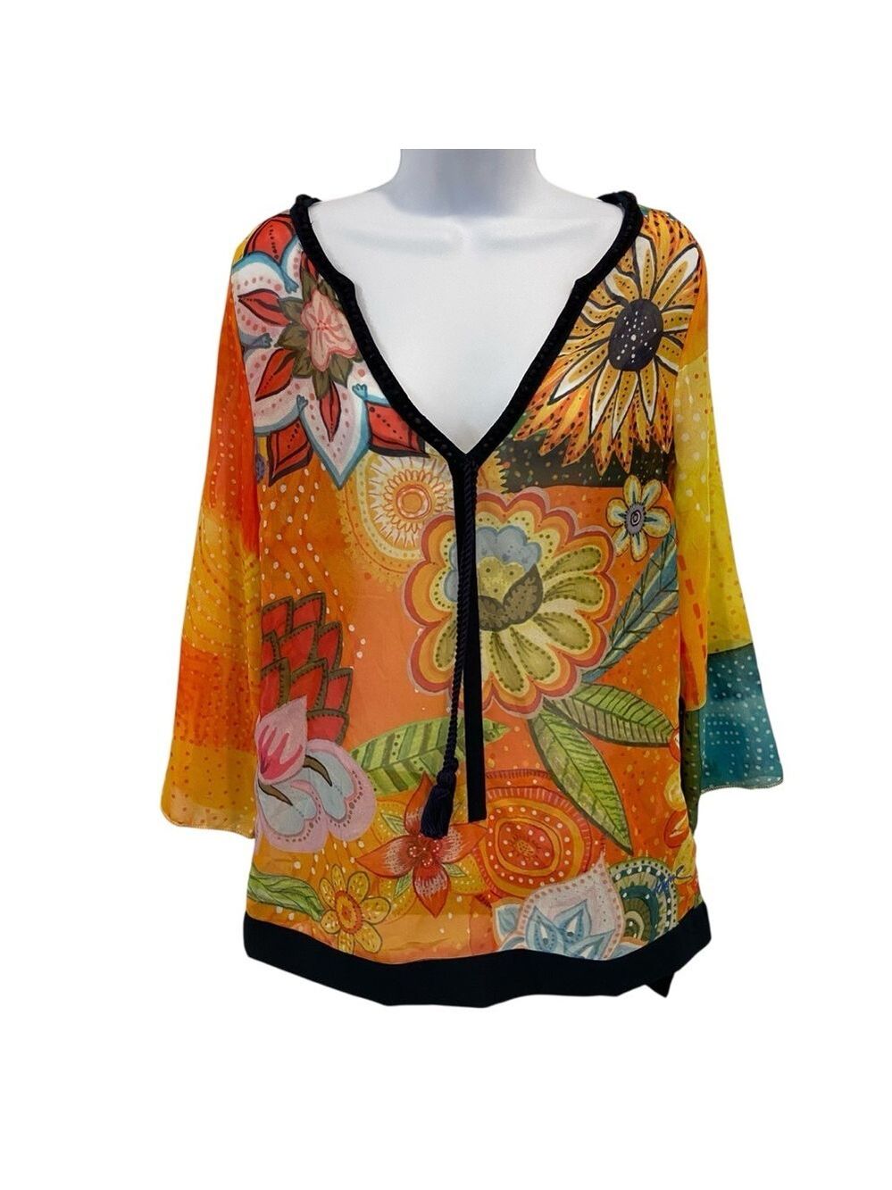Desigual sheer festive top 3/4 sleeves floral Pom Pom V neckline orange yellow